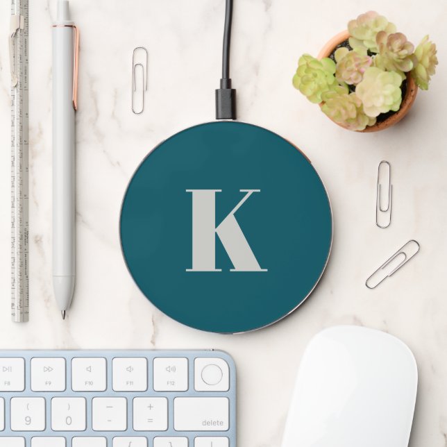 Initial Letter | Teal Monogram Modern Stylish Cool Wireless Charger (Desk)