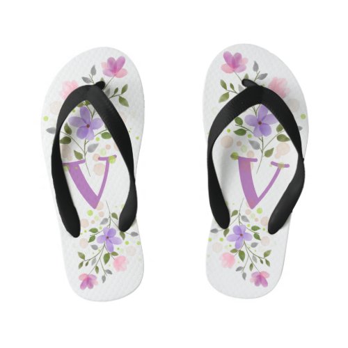 Initial Letter V Plus Floral Design Kids Flip Flops