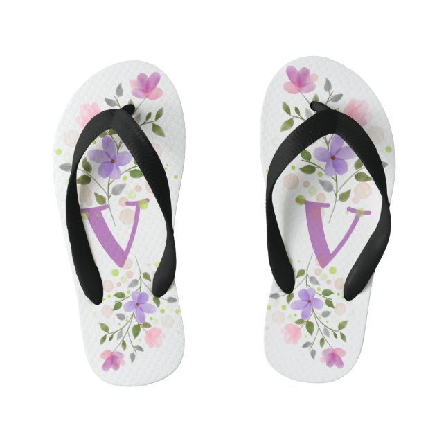 Initial Letter V Plus Floral Design Kid's Flip Flops (Footbed)