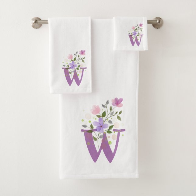 Initial Letter W Plus Floral Design Bath Towel Set (Insitu)