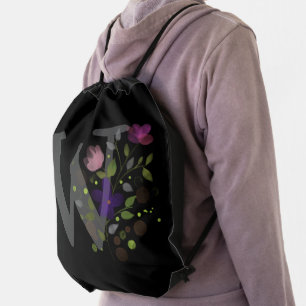 Initial Letter W Plus Floral Design Drawstring Bag