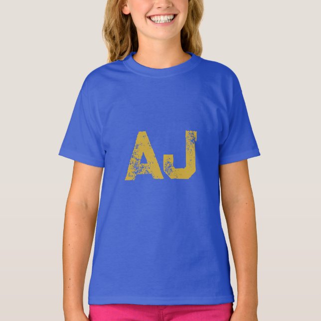 Initial Letters Monogram Gold & Blue Plain Simple T-Shirt (Front)