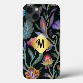 Initial luxury black flowers pattern Golden border iPhone 13 Case