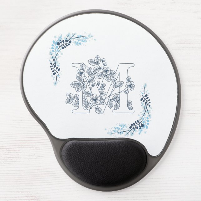 Initial "M" Blue Monogram Calm Floral Gel Mouse Pad (Front)