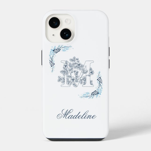 Initial "M" Blue Monogram Calm Floral Iphone Case (Back)