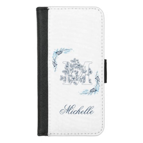 Initial M Blue Monogram Calm Floral iPhone 87 Wallet Case