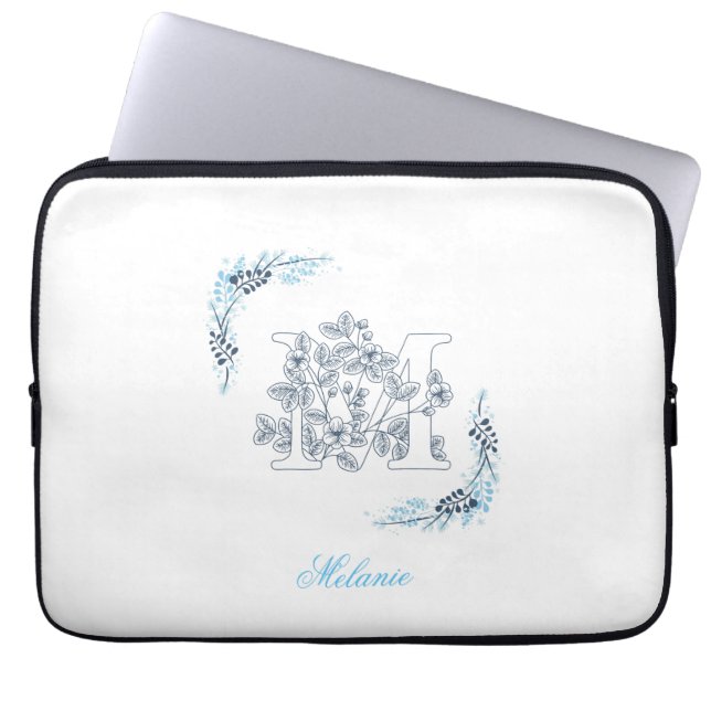 Initial "M" Blue Monogram Calm Floral Laptop Sleeve (Front)