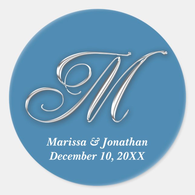 Initial M blue monogram custom name favor seal (Front)