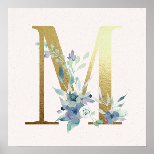 Initial M Golden and Blue Floral Monogram Poster
