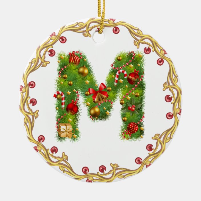 initial M monogrammed christmas ornament circle Zazzle