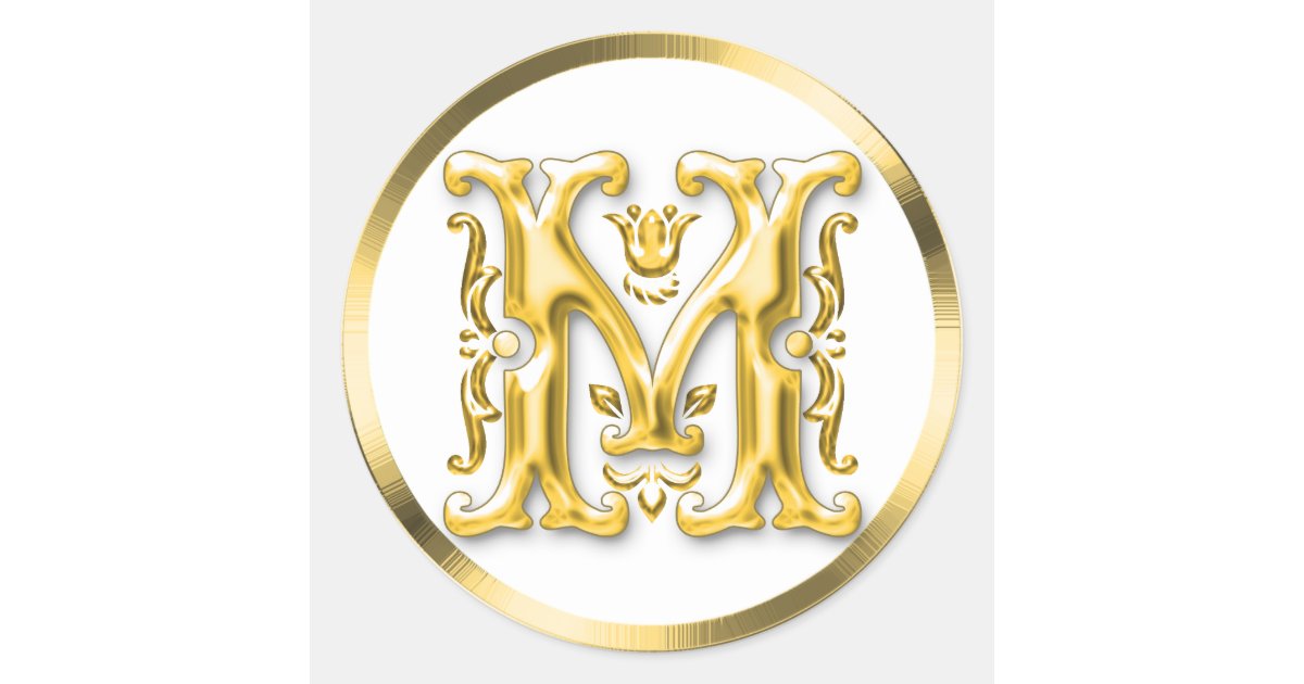 Initial M Round Sticker in Gold | Zazzle