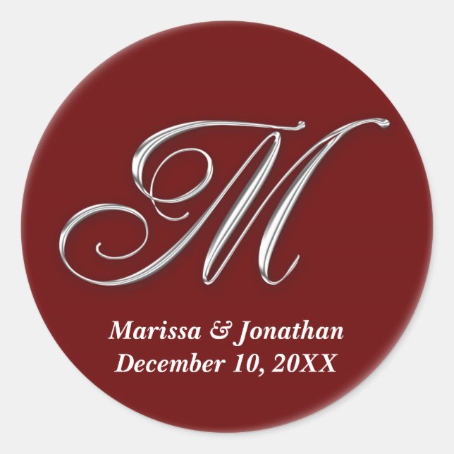 Initial M wine red monogram custom name favor seal (Front)