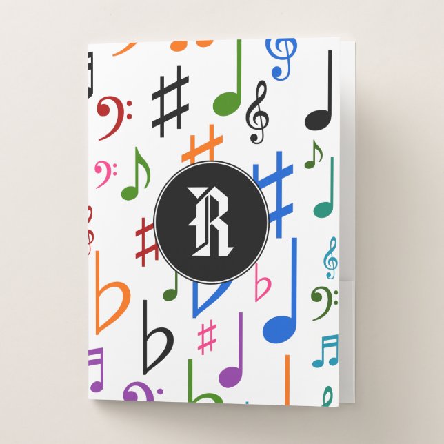 Initial + Many Colorful Music Notes and Symbols Pocket Folder (Front)