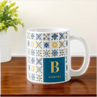 Initial Mediterranean Floral Tile-Style Pattern Coffee Mug