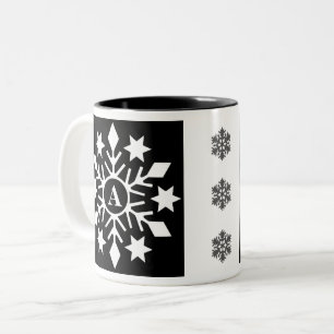 Initial Modern Black White Christmas Snowflakes Two-Tone Coffee Mug