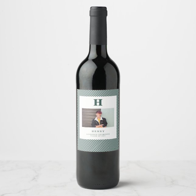 initial modern monogram photo green wine label (Front)