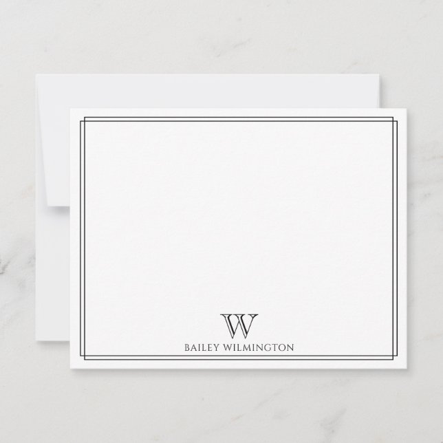Initial Monogram Black Double Border Professional Note Card (Front)