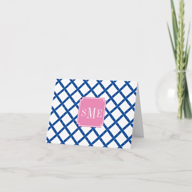 Initial Monogram Blue And White Bamboo Stationery Thank You Card (Front)
