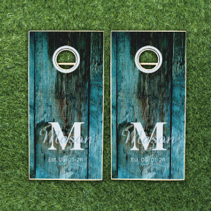 Initial Monogram Blue Beach Wood Rustic Cornhole Set