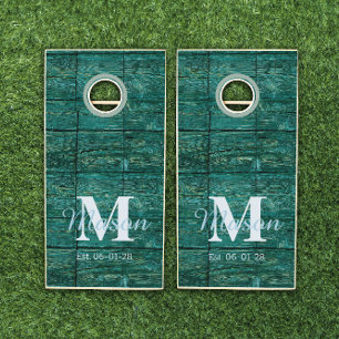 Initial Monogram Blue Green Beach Rustic Wood Cornhole Set