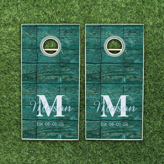 Initial Monogram Blue Green Beach Rustic Wood Cornhole Set (Creator Uploaded)
