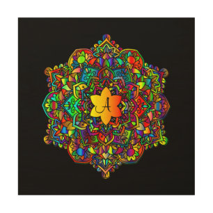 Initial Monogram Bright Mandala on Black Wood Wall Art