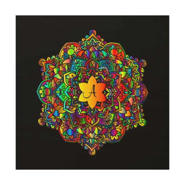 Initial Monogram Bright Mandala on Black Wood Wall Art (Front)