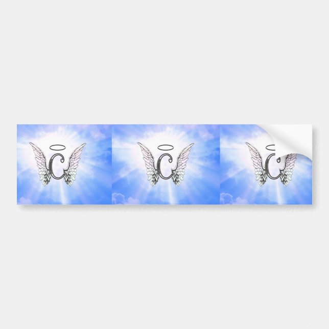 Initial Monogram C With Angel Wings, Halo Clouds Bumper Sticker (Front)