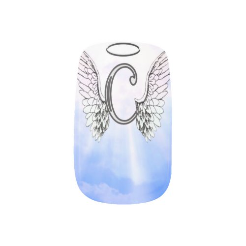 Initial Monogram C With Angel Wings Halo Clouds Minx Nail Art