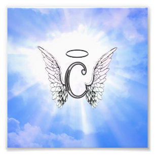 Initial Monogram C With Angel Wings, Halo Clouds Photo Print