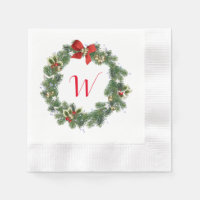 Initial Monogram Christmas Wreath Cocktail Napkins