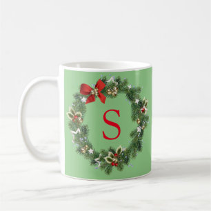Initial Monogram Christmas Wreath Coffee Mug Gift