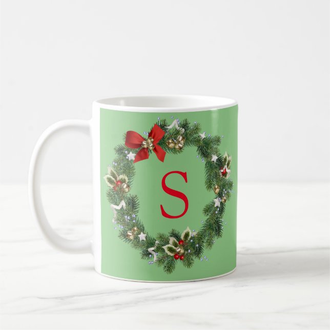 Initial Monogram Christmas Wreath Coffee Mug Gift (Left)