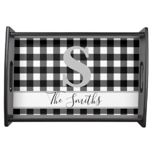 Initial Monogram Custom Black White Buffalo Plaid Serving Tray