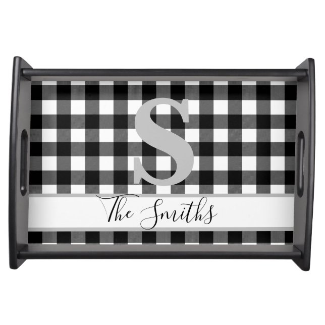 Initial Monogram Custom Black White Buffalo Plaid Serving Tray (Front)