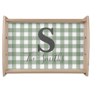 Initial Monogram Custom Light Green Buffalo Plaid Serving Tray