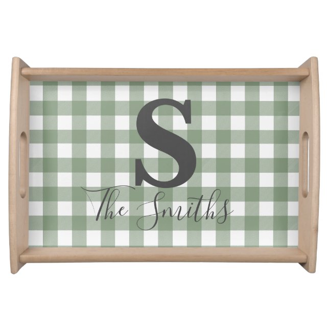 Initial Monogram Custom Light Green Buffalo Plaid Serving Tray (Front)
