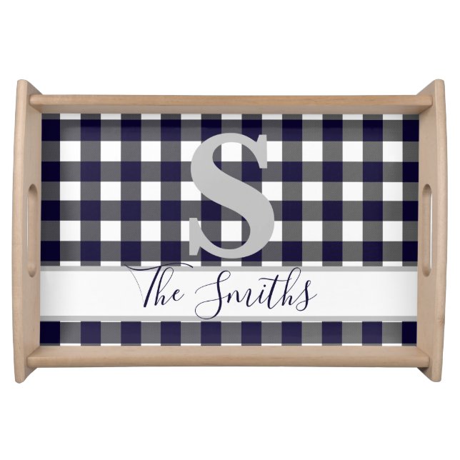 Initial Monogram Custom Navy White Buffalo Plaid Serving Tray (Front)