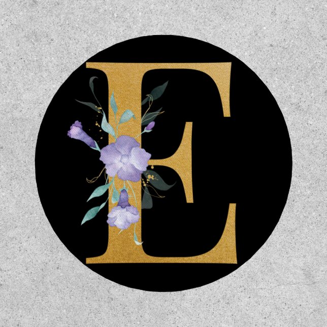 Initial Monogram E Gold Alphabet Letter Purple Patch (Front)