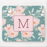Initial monogram Elegant colorful floral Blue Pink Mouse Pad<br><div class="desc">Adorable blue sky background with pink floral,  watercolor made for her.</div>