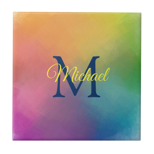 Initial Monogram Elegant Rainbow Colors Modern Ceramic Tile (Front)