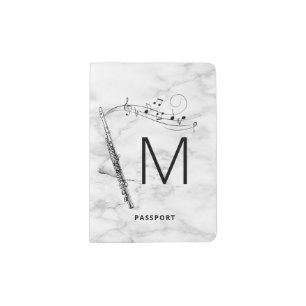 Initial Monogram Flute Music Black & White Marble Passport Holder