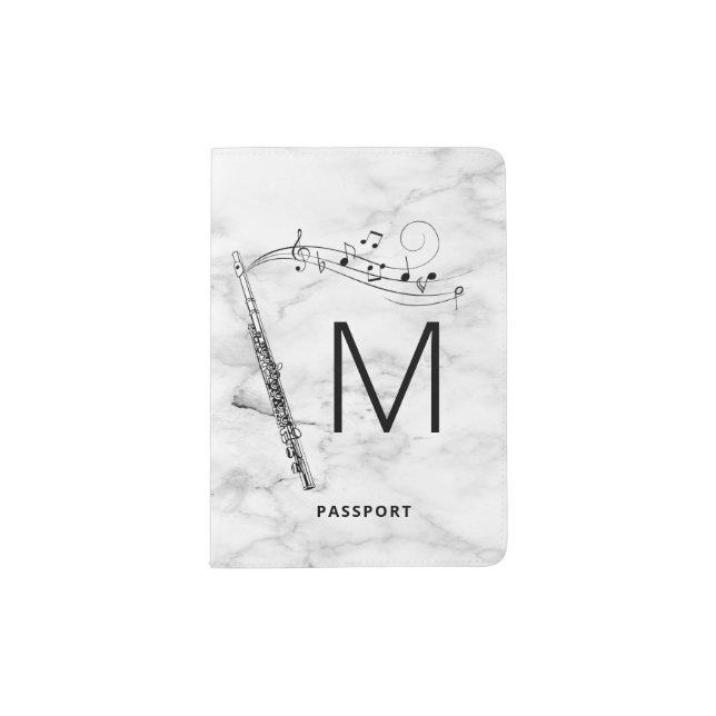 Initial Monogram Flute Music Black & White Marble Passport Holder (Front)