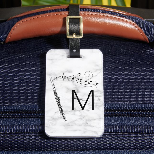 Initial Monogram Flute Musicblack & White Marble Luggage Tag (Front Insitu 2)