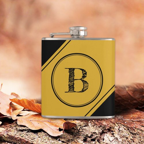 Initial Monogram Geometric Diagonal Black Gold Flask