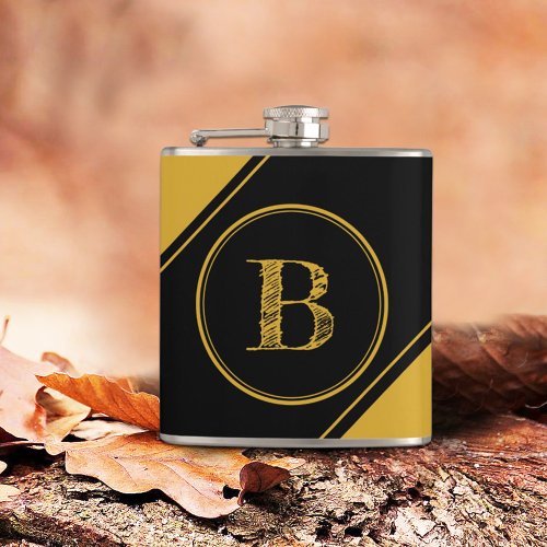 Initial Monogram Geometric Diagonal Black Gold Flask