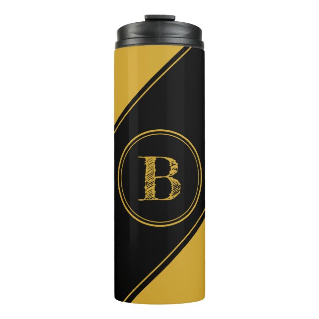 Initial Monogram Geometric Diagonal Black Gold Thermal Tumbler (Front)
