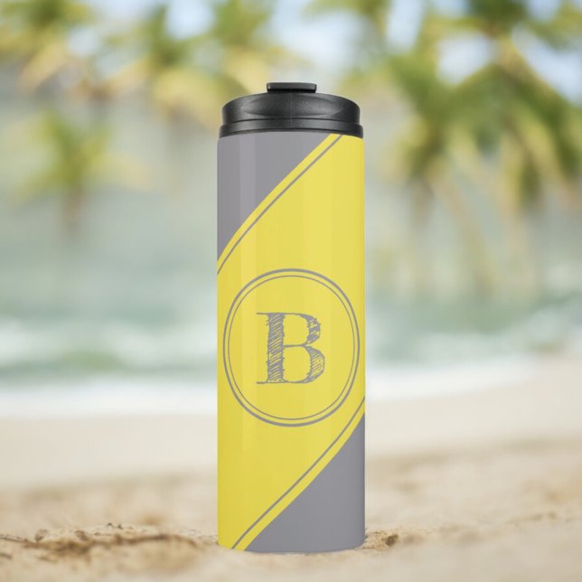 Initial Monogram Geometric Diagonal Gray Yellow Thermal Tumbler (tumbler insitu on the beach)