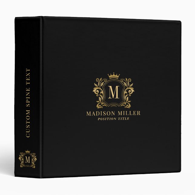 Initial monogram gold crest scrolls crown on black 3 ring binder (Front/Spine)