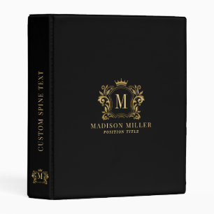 Initial monogram gold crest scrolls crown on black mini binder